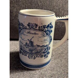 Heineken Ceramic Beer Mug Delft Blue Handpainted Vintage Dutch Windmill & Sailbo